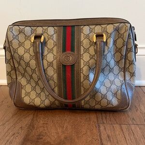 Vintage Gucci Boston Bag Beige and Brown Canvas Handbag with Green-Red Stripe